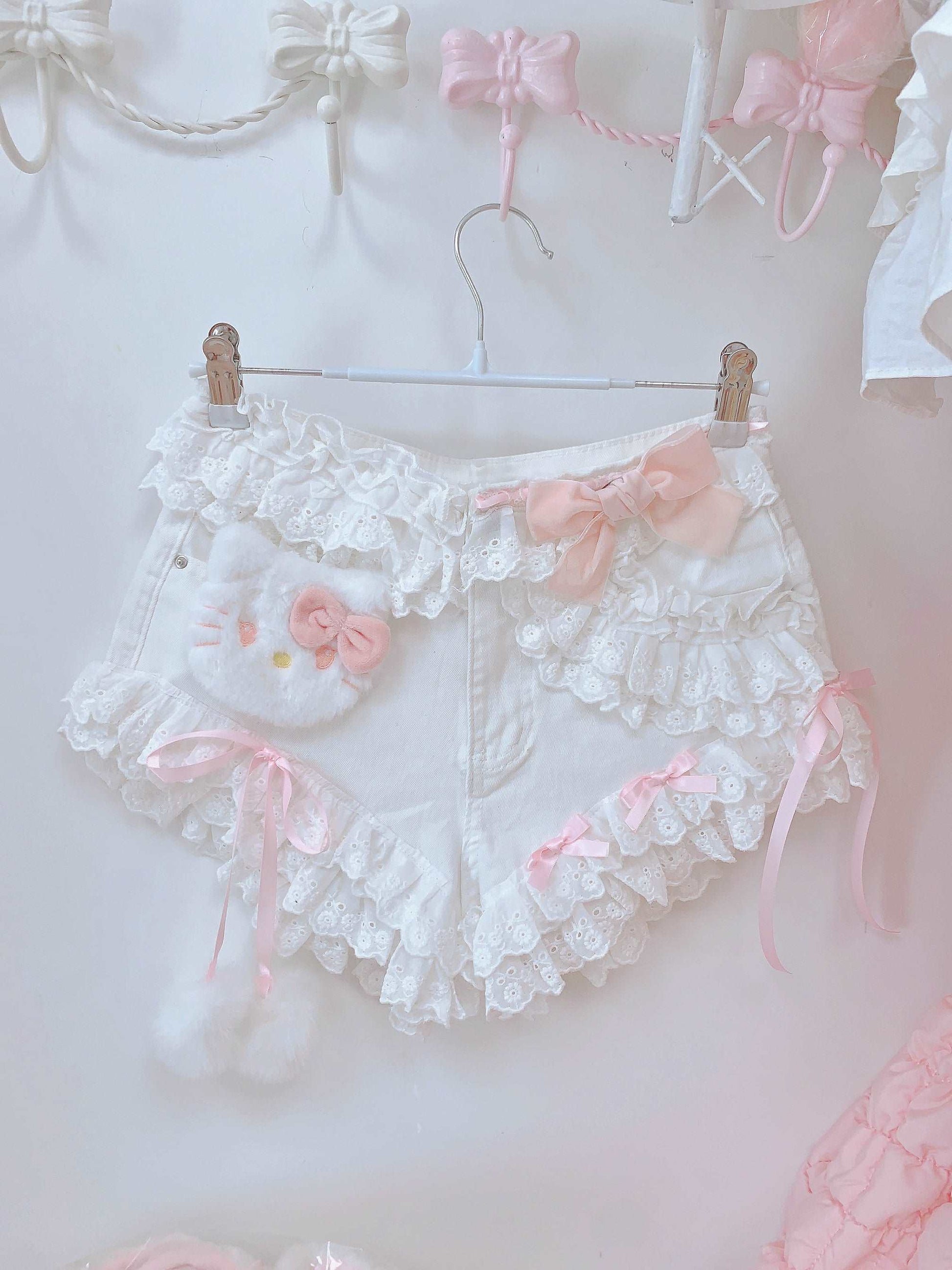 Candy Fairy Coquette Kitty Cat White Denim Lace Shorts