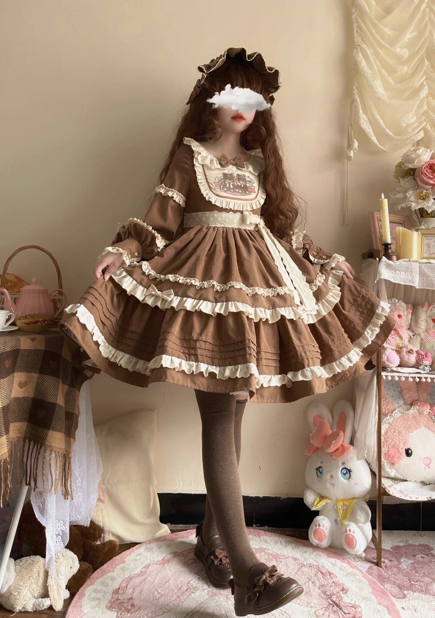 EGL Bear Pink Brown Puff Sleeve Ruffle Cake Dress