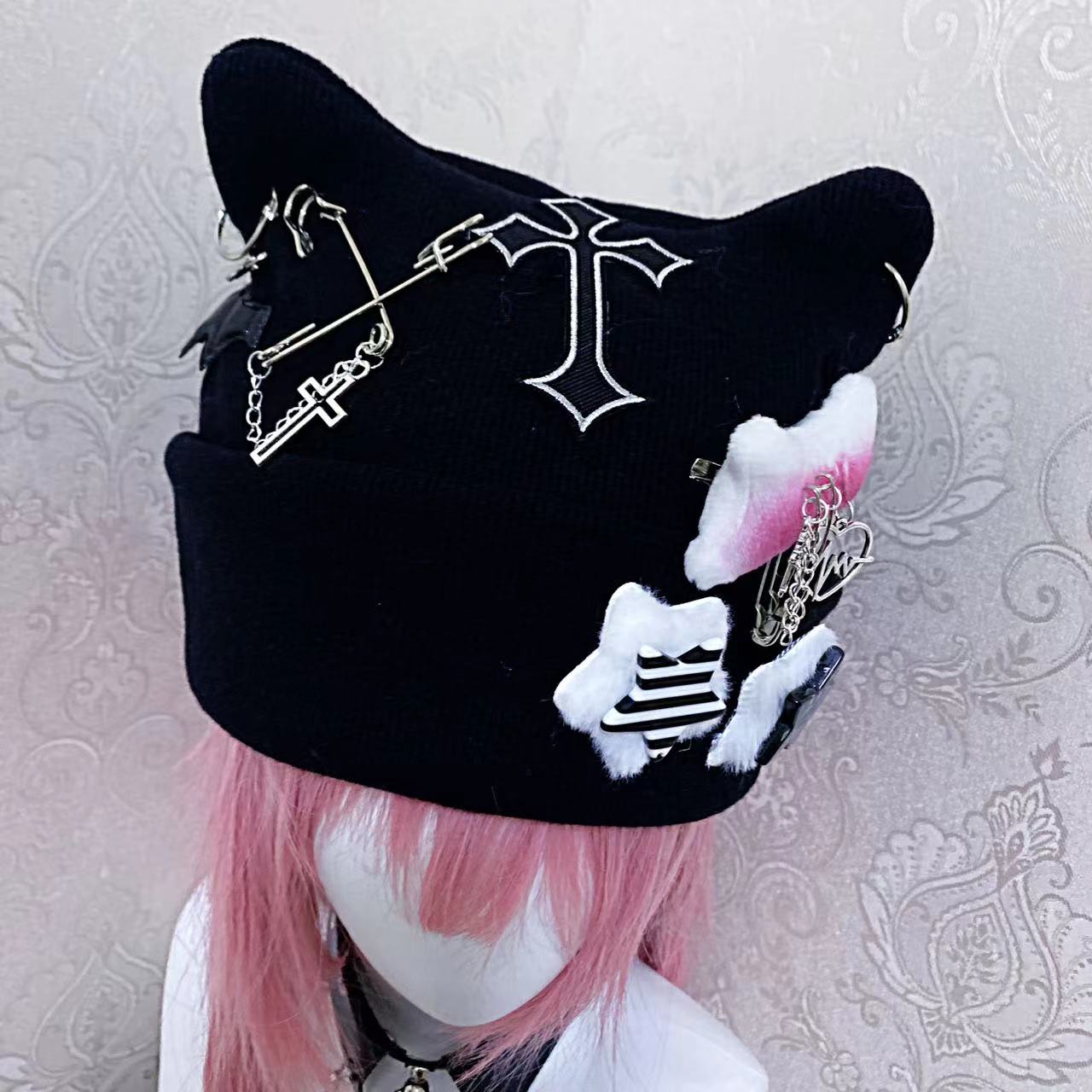 Y2K Goth Punk Handmade Knit Cross Skull Star Bone Cat Ears Winter Hats Beanie