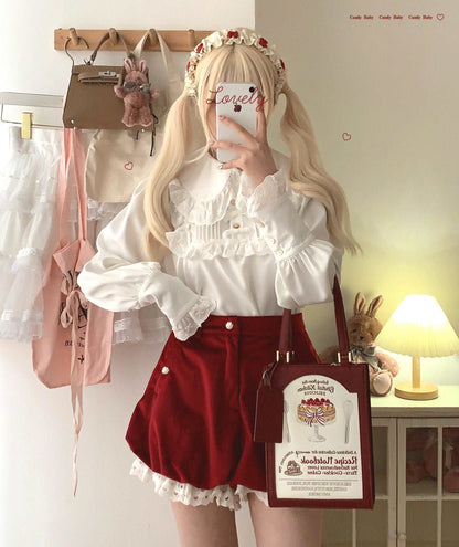 Dormir Doll Lolita Winter Velvet Cute Red Pink Gray Lace Shorts