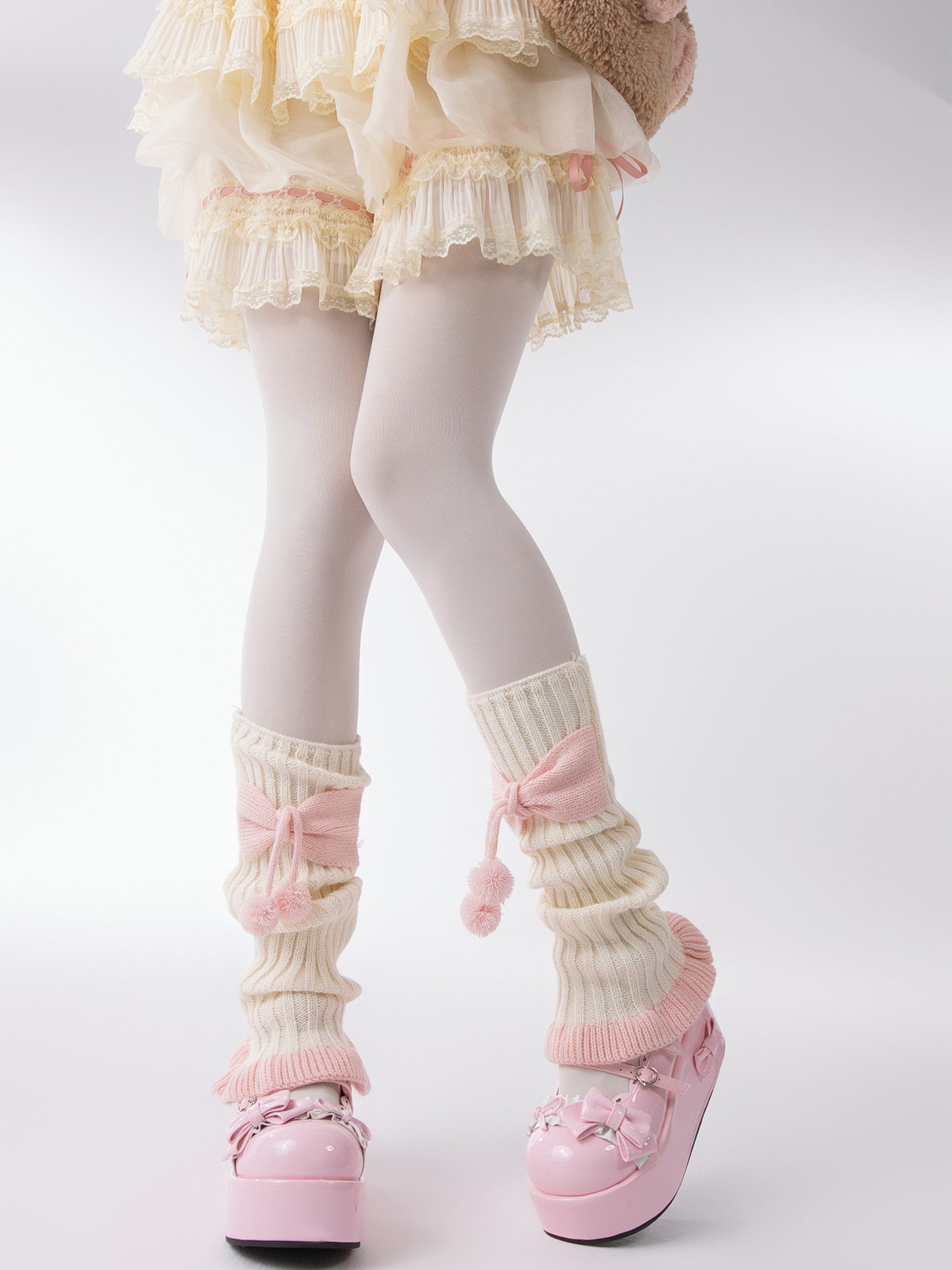 Sweet Lolita Pink Bow Pompom Balls Knit White Leg Warmers