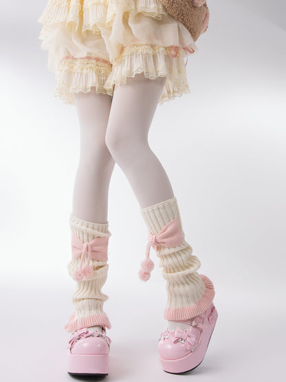 Sweet Lolita Pink Bow Pompom Balls Knit White Leg Warmers