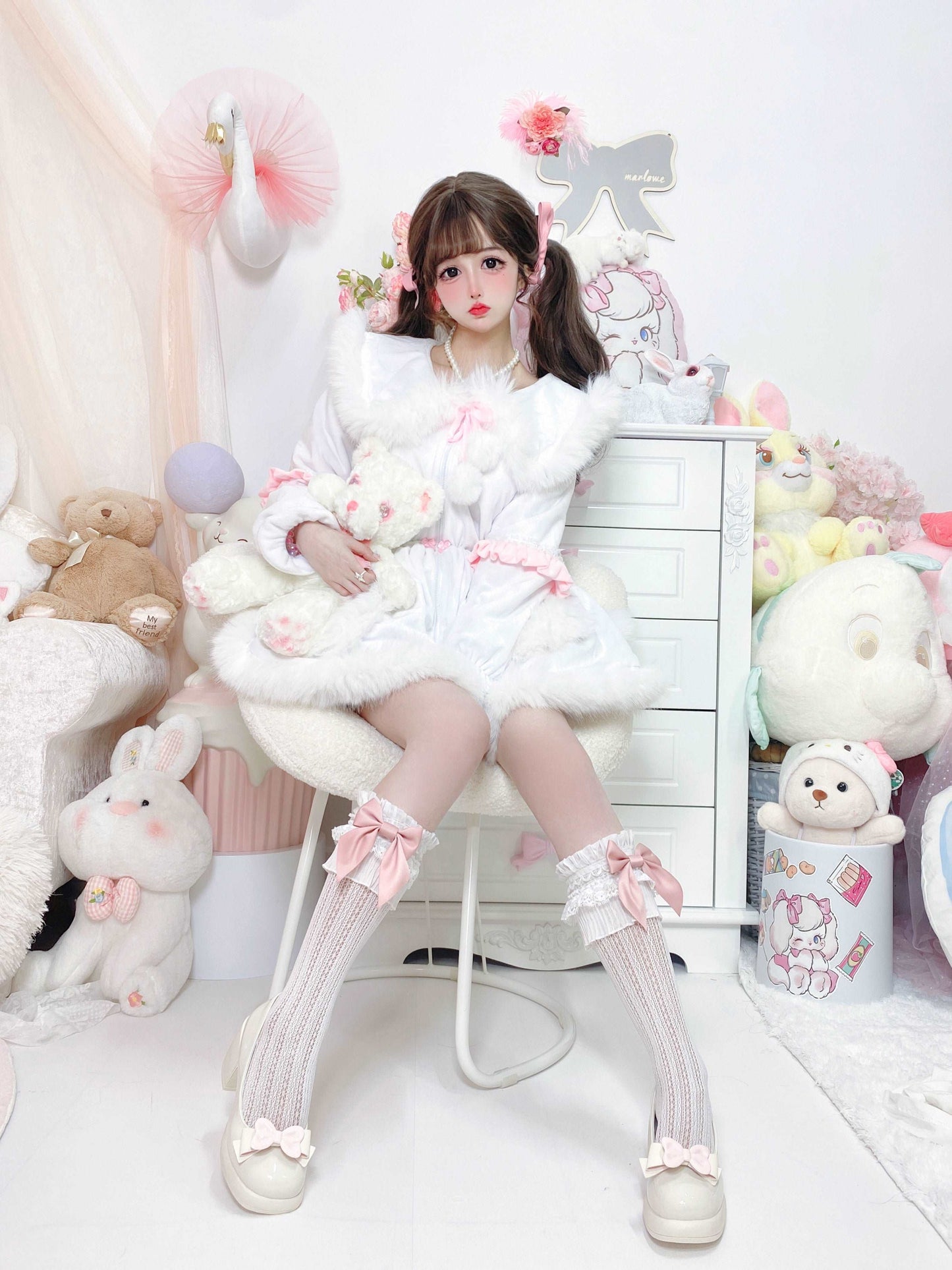 Candy Fairy Pink & White Pastel Princess Fur Plush Velvet Thick Jacket Coat Dress