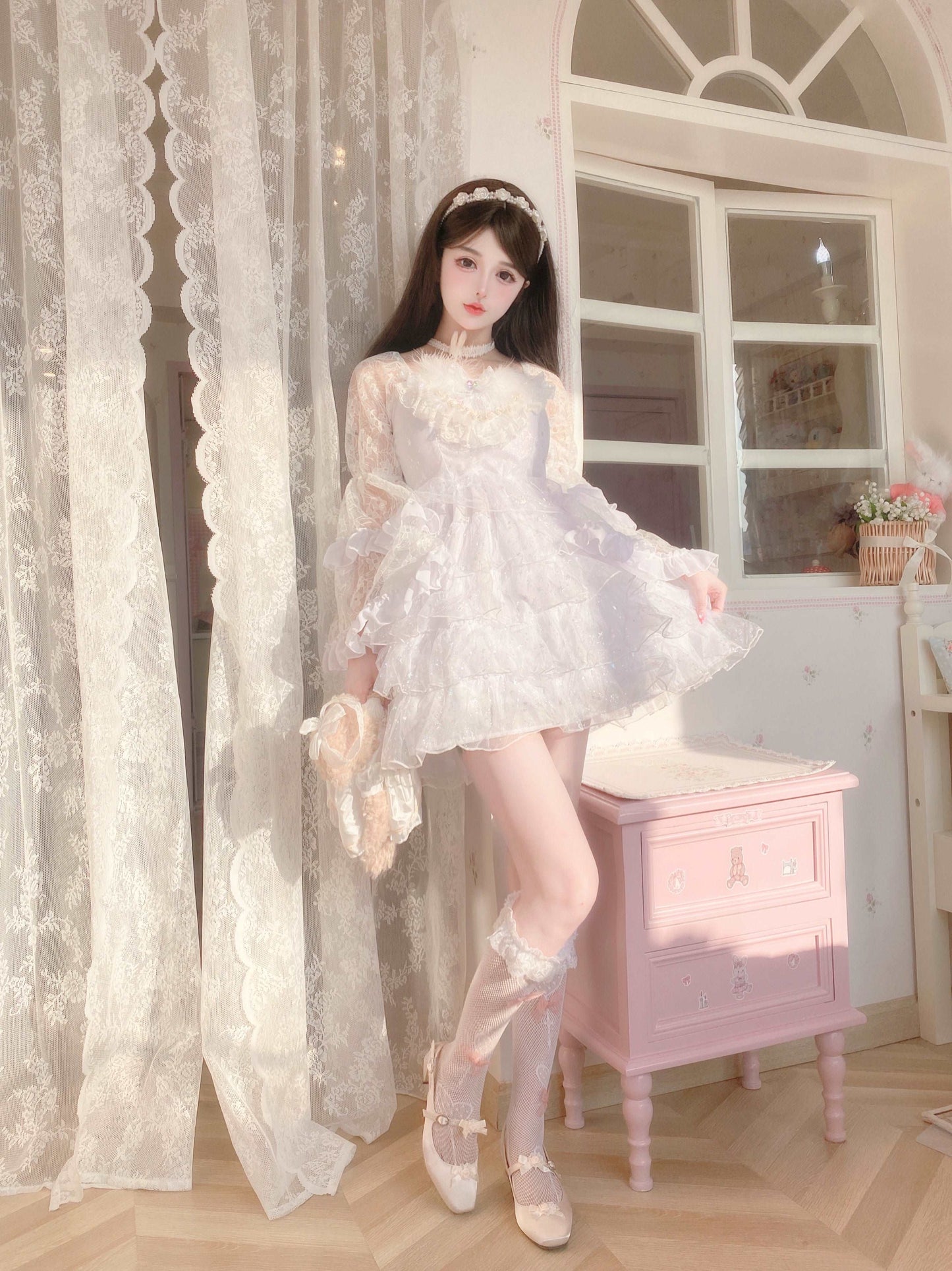 Candy Fairy Feather Fluttering White Angel Princess Ruffled Trumpet Sleeve Dress