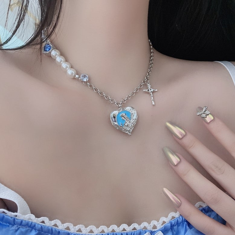 Blue Rhinestone Pearl Silver Heart Necklace Pendant