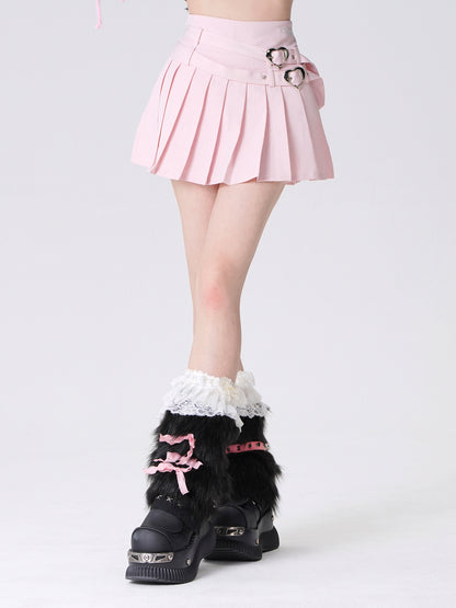 Young Eyes Pastel Pink White Black Double Belts High Waist Tennis Pleated Mini Skirt