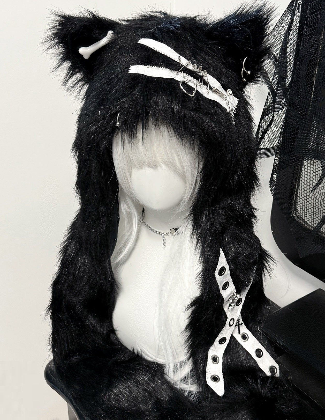 Bony Punk Y2K Black White Fuzzy Cat Ears Hats