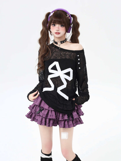 Crazy Girl Bow Black Pink Sheer Sweater