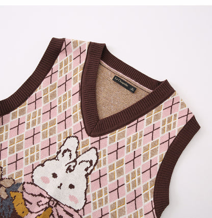 Fall Rabbit Brown Cute Argyle Pattern Knit Vest