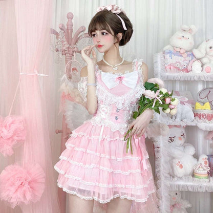 Candy Fairy Supreme Pink Princess Cake Ruffled Layered Lace Strap Dress