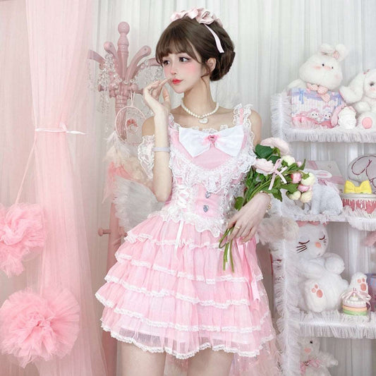 Candy Fairy Supreme Pink Princess Cake Ruffled Layered Lace Strap Dress