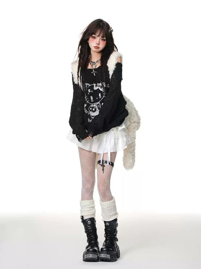 Young Eyes Dark Night Kitty Black White Sheer Top