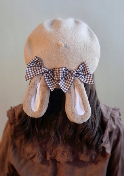 Cute Autumn Fall Handmade Lolita Brown Black Pink Lop Eared Rabbit Polka Dot Bow Wool Beret Hats