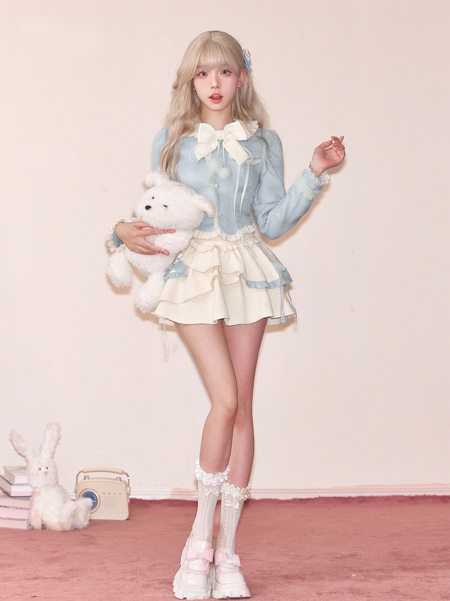 Serendipity Autumn Baby Blue Cream Doll Collar Bow Shirt Top & Ruffled Skirt Two Piece Set