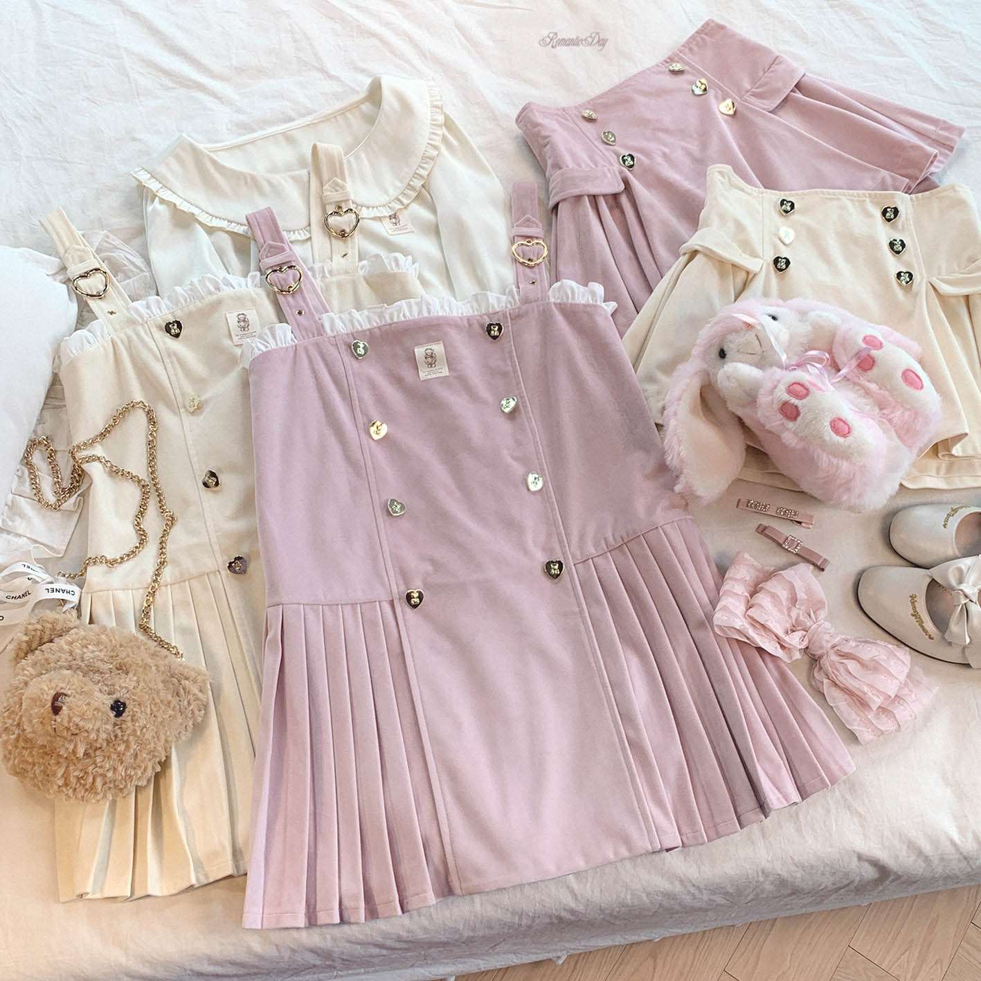 Bear Souffle Sweet Pompom Balls Shirt Blouse & Purple Beige Strap Dress & Skirt Three Piece Set