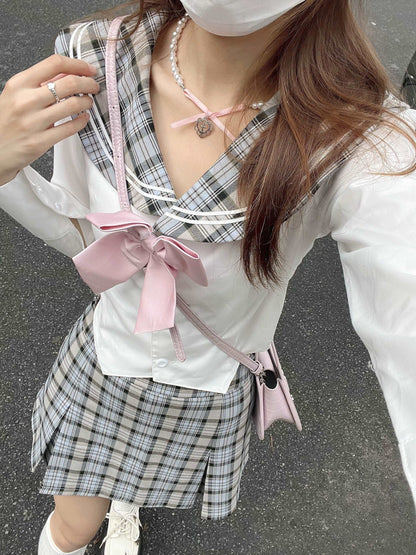 Academia Sailor Collar Uniform Gray Plaid Shirt Knit Cardigan Mini Skirt Three Piece Set