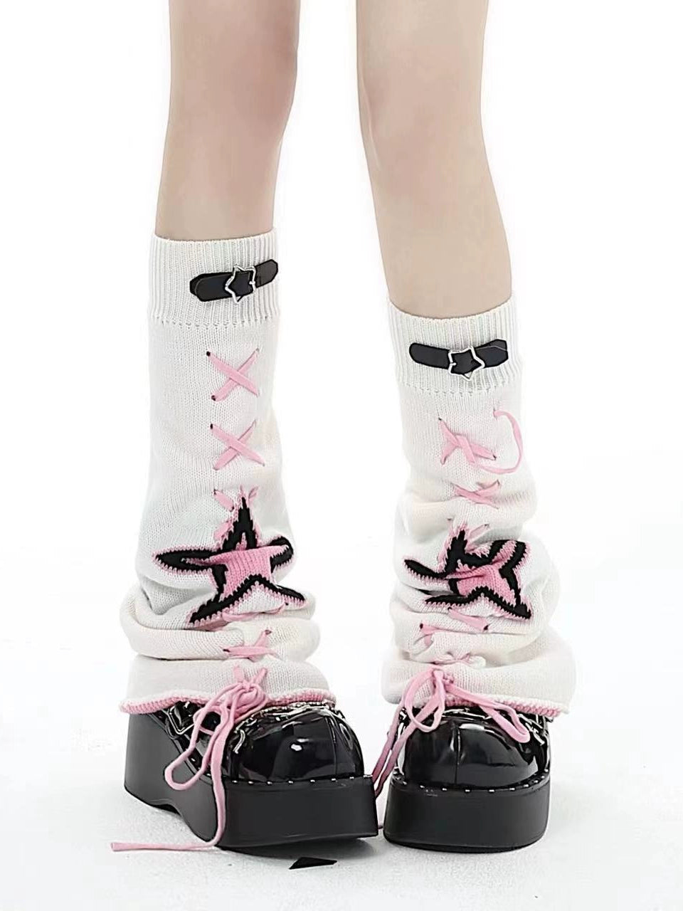 Crazy Girl Star Y2K Pink Black White Knit Leg Warmers