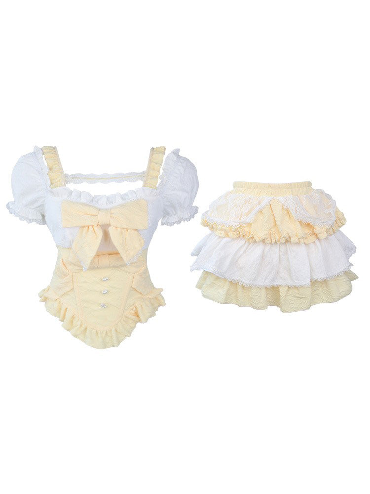 Serendipity Yellow Custard Puff Sleeve Top & Skirt Two Piece Set