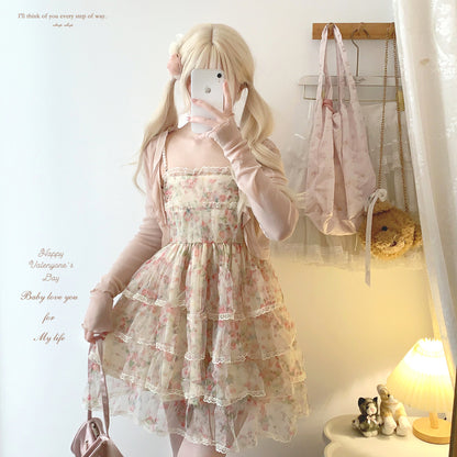 Dormir Doll Floral Rose Ruffled Pearl Strap Dress