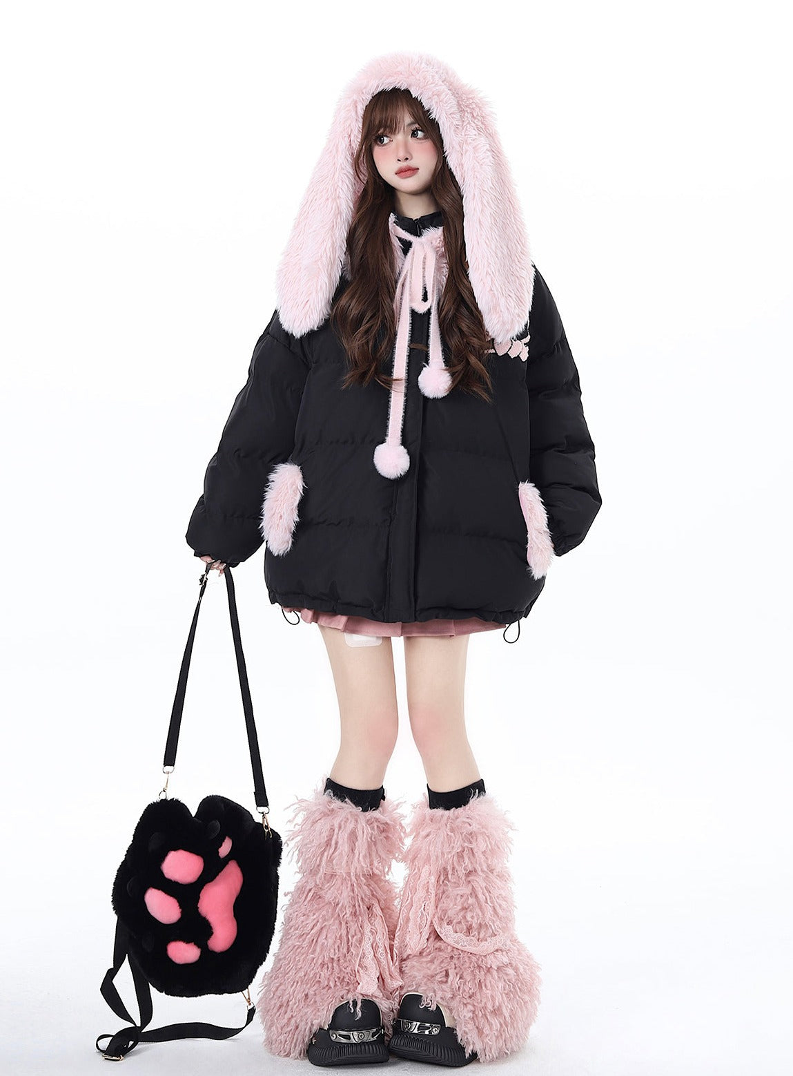 Crazy Girl Pink Black Winter Rabbit Ears Hooded Plush Puffer Jacket