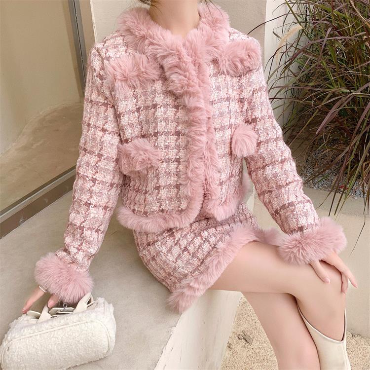 Winter Pink Houndstooth Top Jacket Skirt Two Piece Set