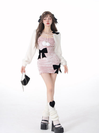 Young Eyes Sakura Memories Pink Velvet Black Bow Sexy Bodycon Dress