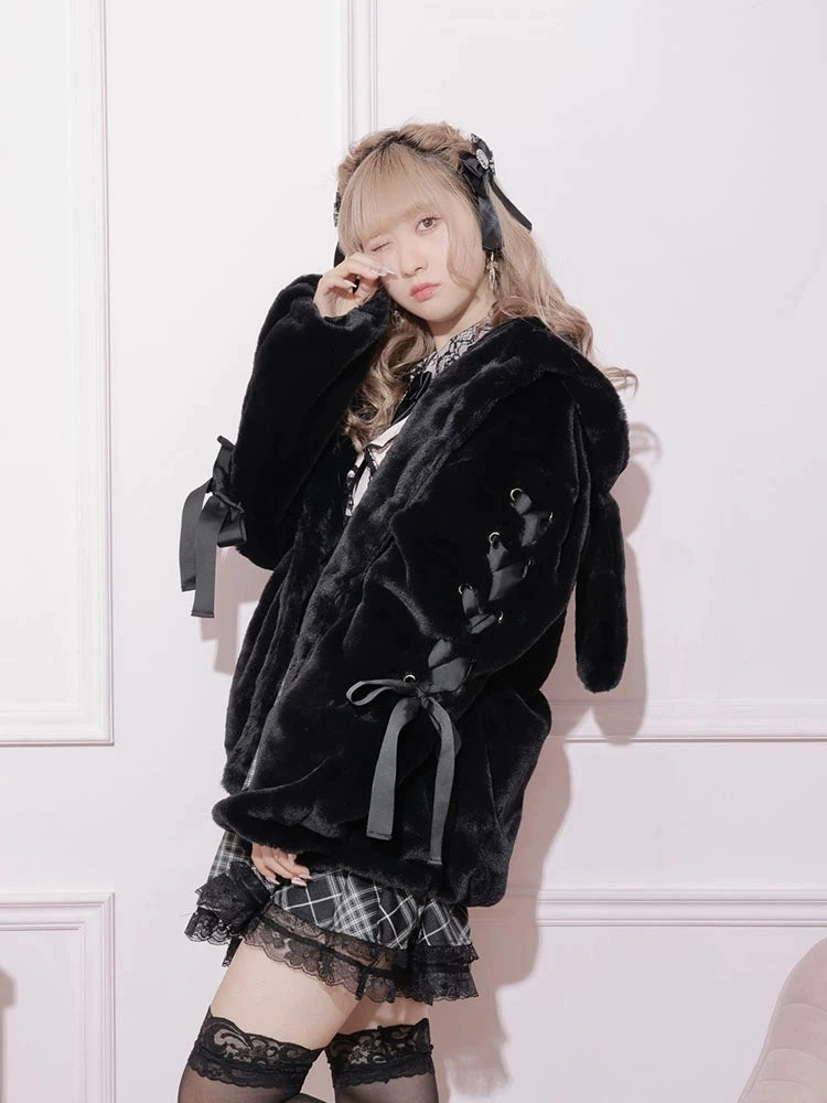 Jirai Kei Pink White Black Rabbit Ears Thick Winter Hoodie Jacket