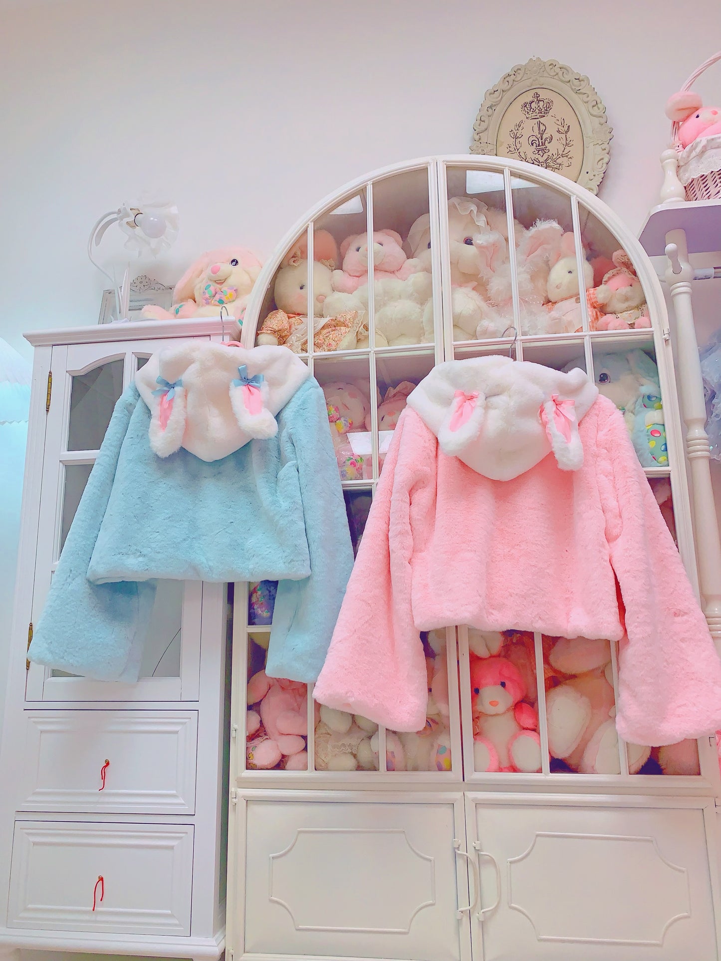 Candy Fairy Rabbit Ears Pastel Pink Blue Pompom Winter Hooded Jacket