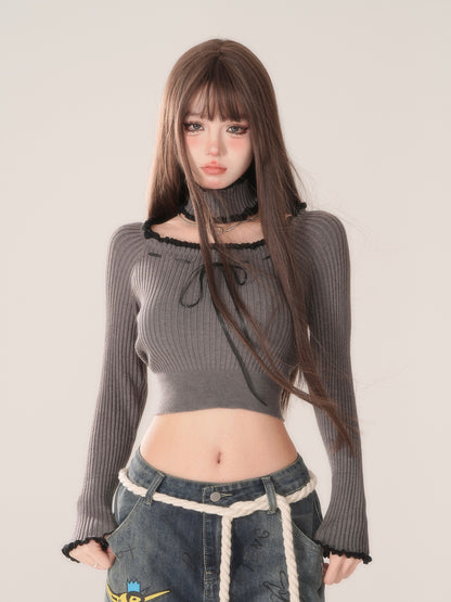 Young Eyes Coquette Bow Lace Collar Gray & White Knit Sweater Top