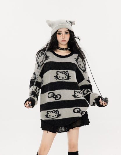 Kitty Cat Striped Pink Black Knit Y2K Pullover Sweater