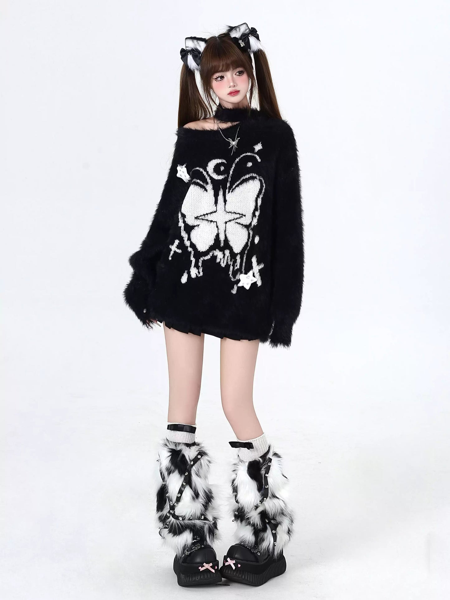 Crazy Girl Moonlight Butterfly Pink Black Fuzzy Sweater