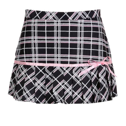 Soft Girl Coquette Black Pink Plaid Bow Short Skirt