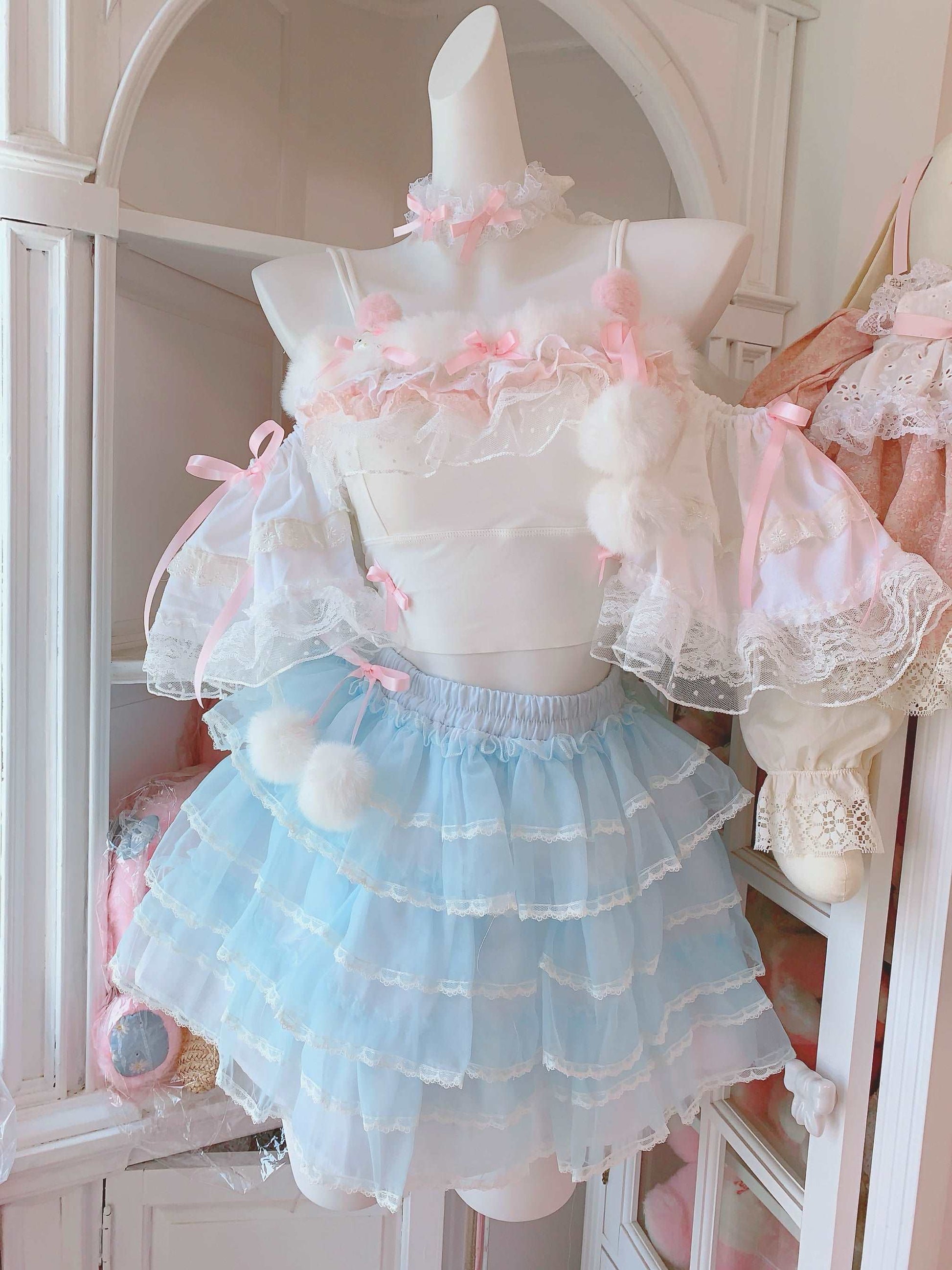 Candy Fairy Sweet White Camisole Top & Blue Ruffle Skirt Two Piece Set