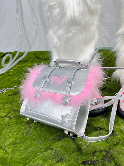 Y2K Silver Butterfly Pink Fuzzy Messenger Bag