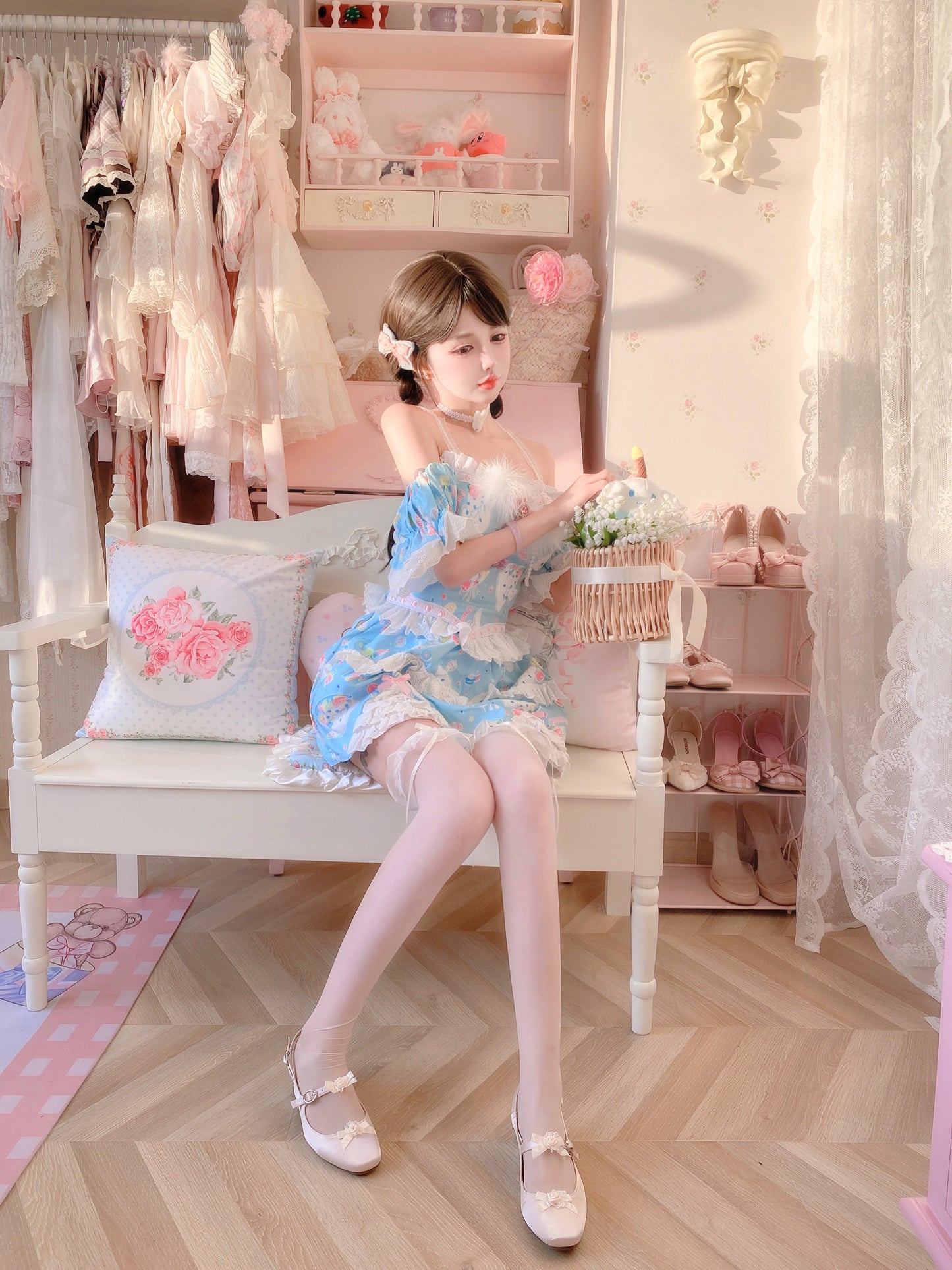 Candy Fairy Cute Blue Cinnamon Dog Lace Camisole Puff Sleeve Top & Skirt Pajamas Two Piece Set