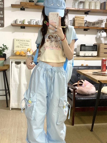 Serendipity Summer Puppy Dog Raglan T Shirt & Blue Gathered Pants Two Piece Set