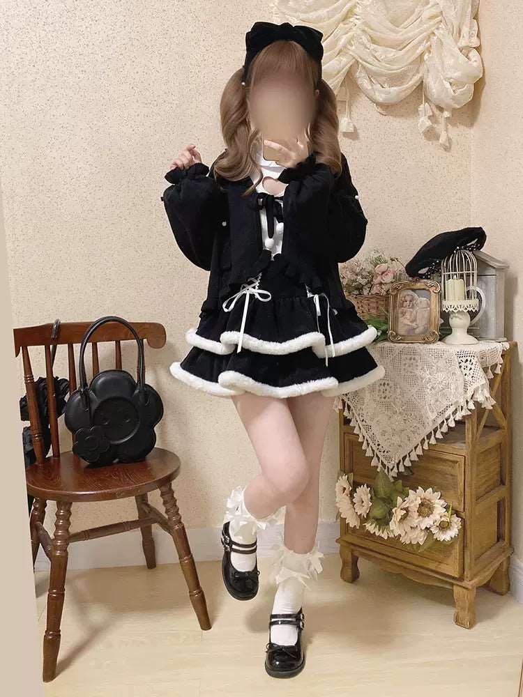 Christmas Love Lolita Winter Plush Strap Ruffled Black Dress & Skirt & Shirt Three Piece Set