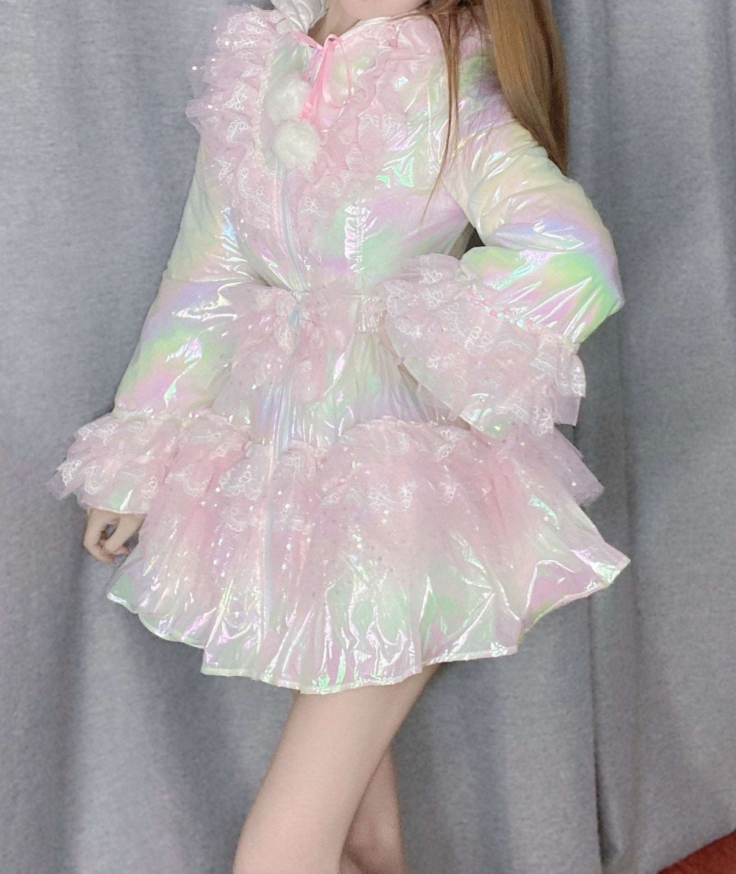 Candy Fairy Winter Sparkling Princess Rainbow Pink Ruffled Hooded Jacket Dress