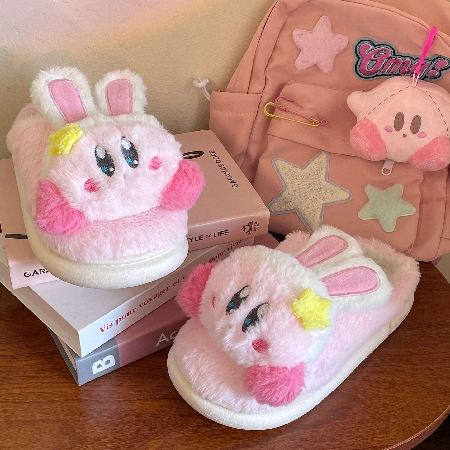 Cartoon Rabbit Ears Stars Pink Plush Fluff Slippers Shoes