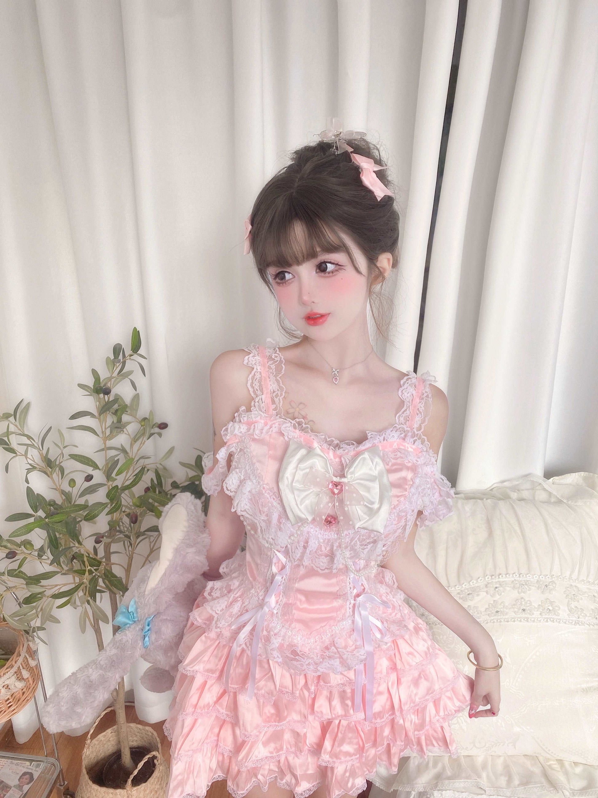 Candy Fairy Little Princess Cute Pink Lace Camisole Top & Cake Ruffled Skirt Two Piece Set