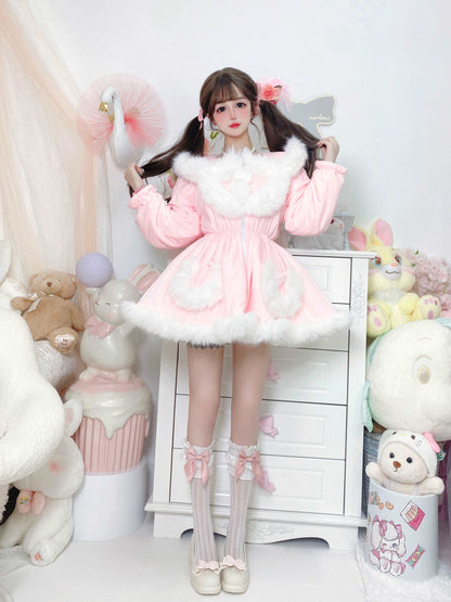 Candy Fairy Pink & White Pastel Princess Fur Plush Velvet Thick Jacket Coat Dress