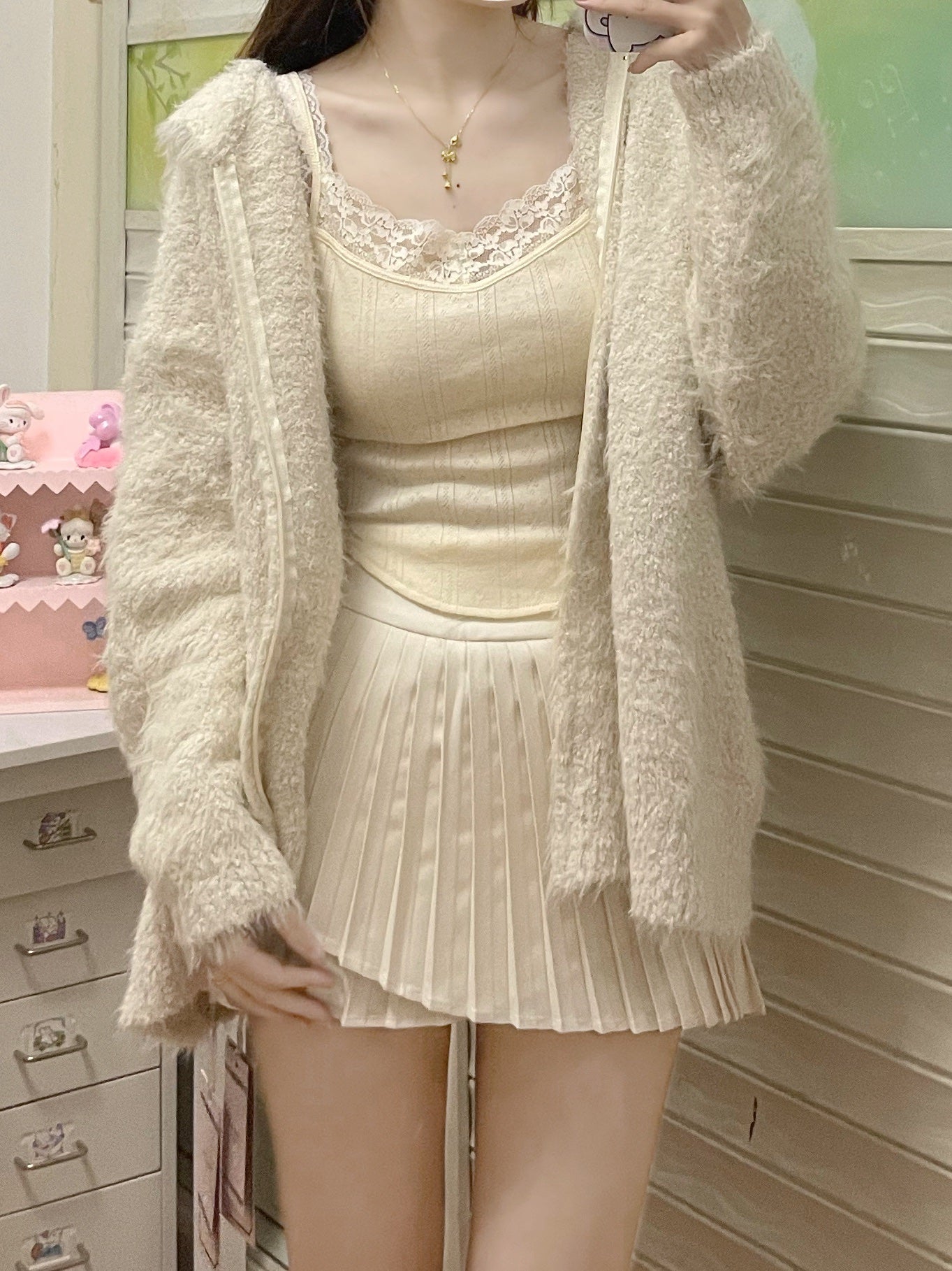 Lazy Girl Milky White Winter Camisole & Pleated Skirt & Zip Up Hooded Sweater Jacket Three Piece Set