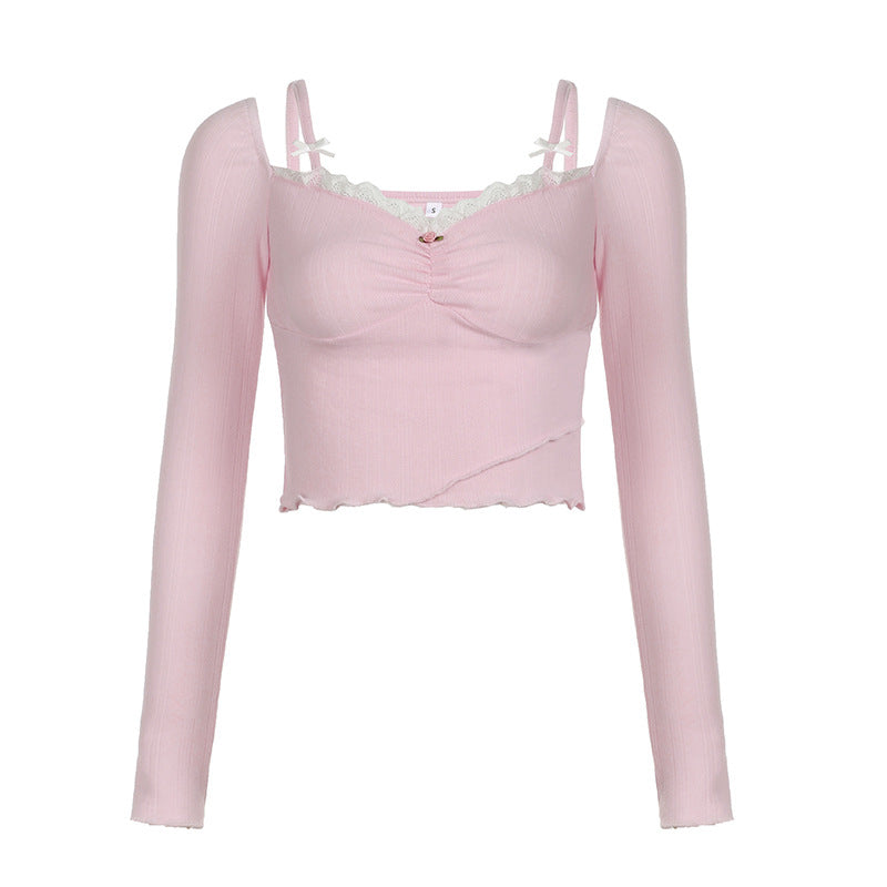 Coquette Pink Rose Lace Bow Square Neck Shirt Top