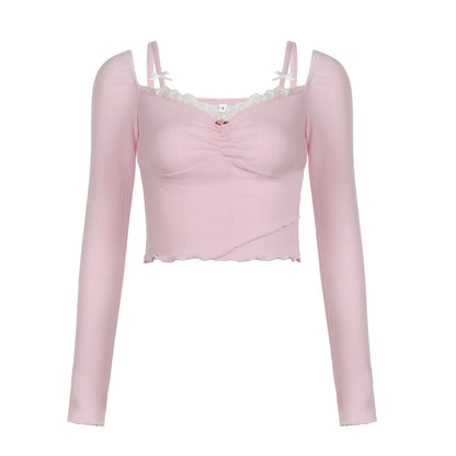 Coquette Pink Rose Lace Bow Square Neck Shirt Top