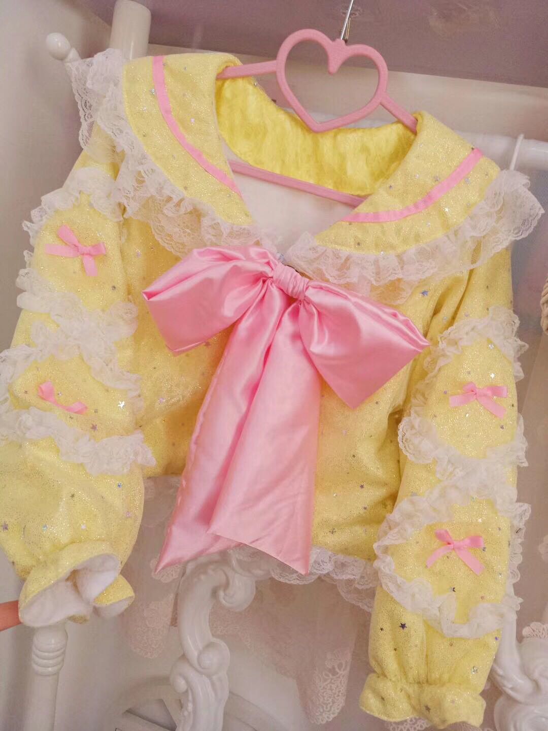 Candy Fairy Sweet Sparkling Blue & Yellow Sailor Collar Bow Lace Ruffled Winter Jacket