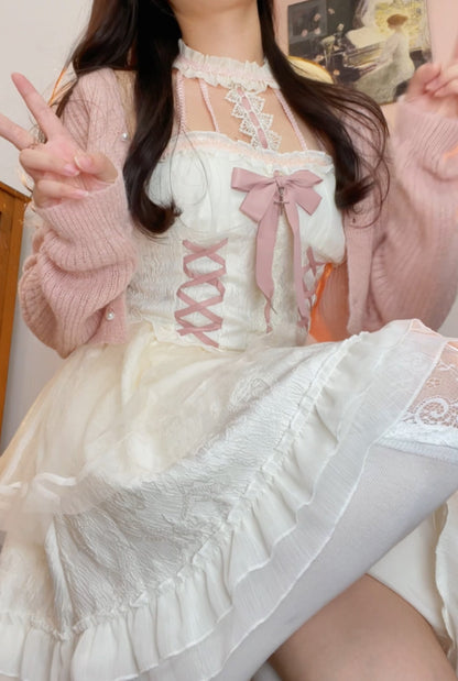 Ruellia Halter Neck Collar White Lace Dress & Pink Cardigan Two Piece Set