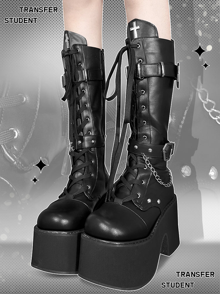 Transfer Student Vampire Shackles Cross Black White Tall Boots Shoes