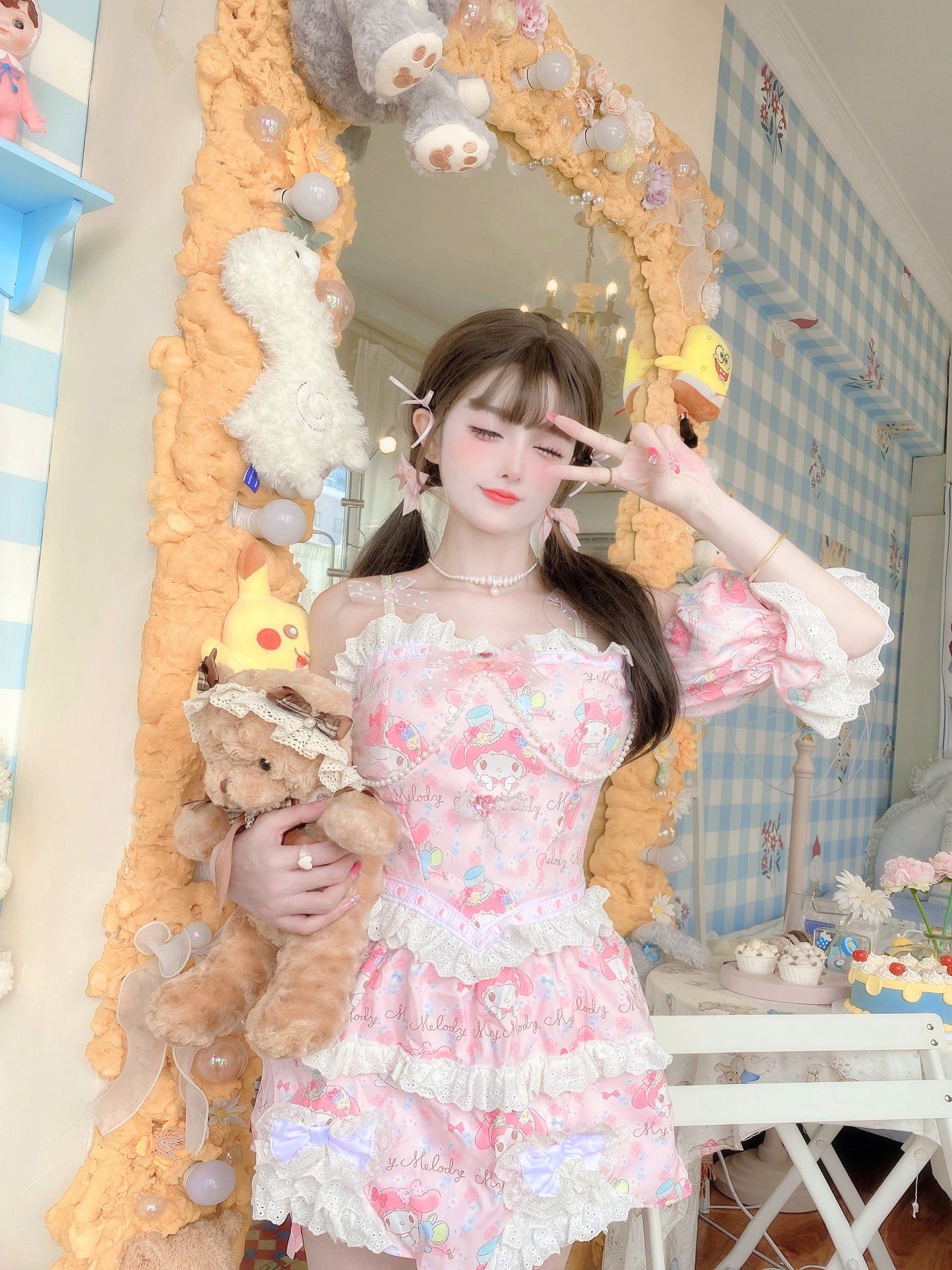 Candy Fairy Pink Melody Cartoon Camisole Puff Sleeve Top & Skirt Pajamas Two Piece Set