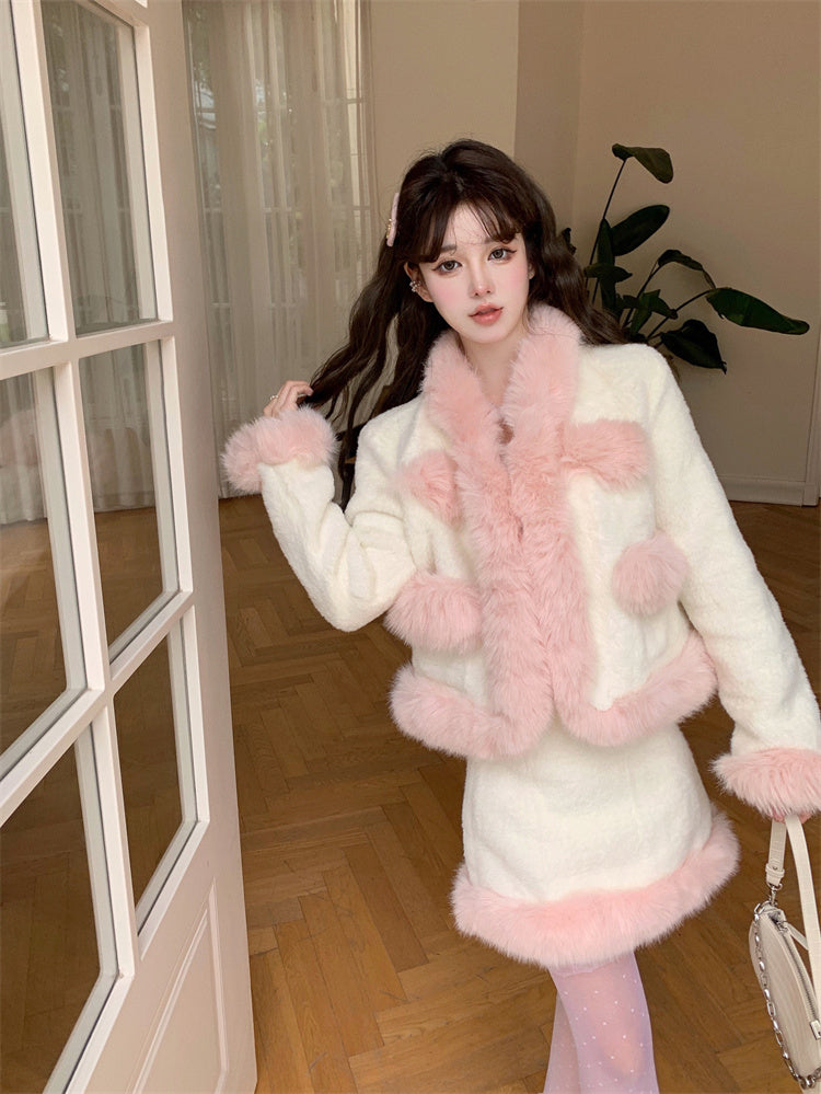 Winter Elegant Lady Pink Fur Edges Cuffs White Jacket & Skirt Two Piece Set