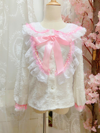 Candy Fairy Winter White Velvet Doll Collar Pink Ruffled Long Sleeve Blouse Shirt